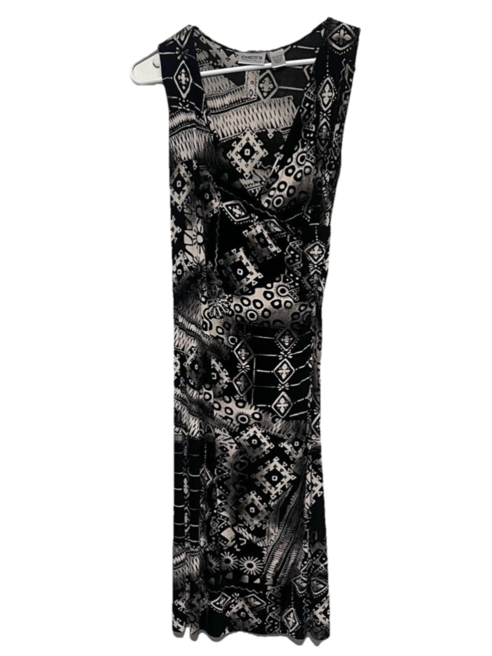 Chicos Travelers Maxi Dress Small 0 Black Tan Sleeveless Slinky Knit Abstract